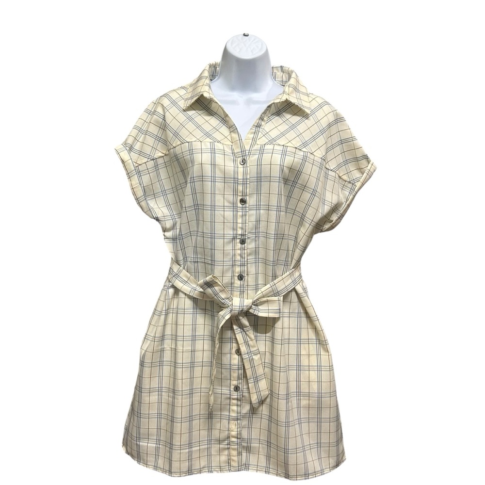 Peach Love California Plaid Belted Shirt Dress Cap Sleeve Pockets  Size L